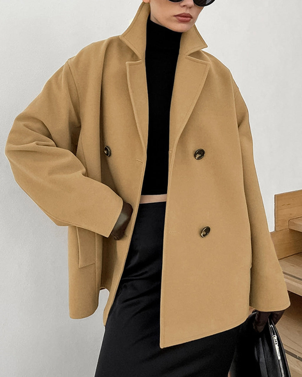 Women's Woven Polyester Coat Khaki Outerwear - RIHOAS