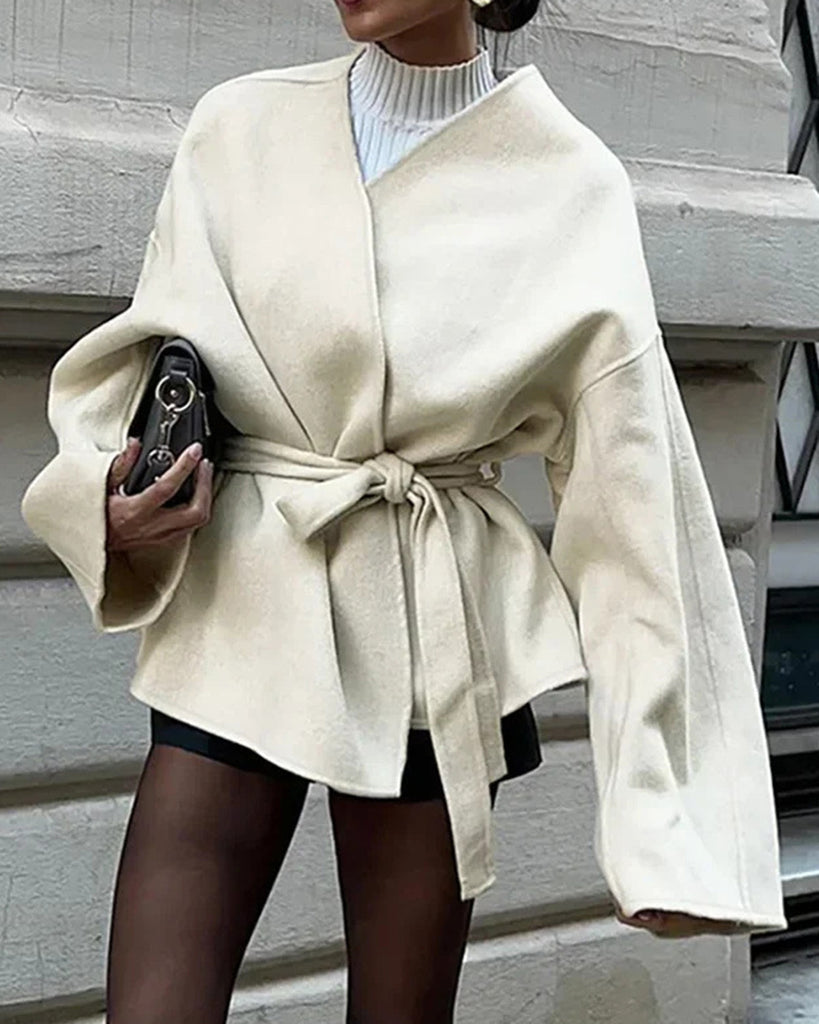 Women's Woven Polyester Coat Off White Outerwear - RIHOAS
