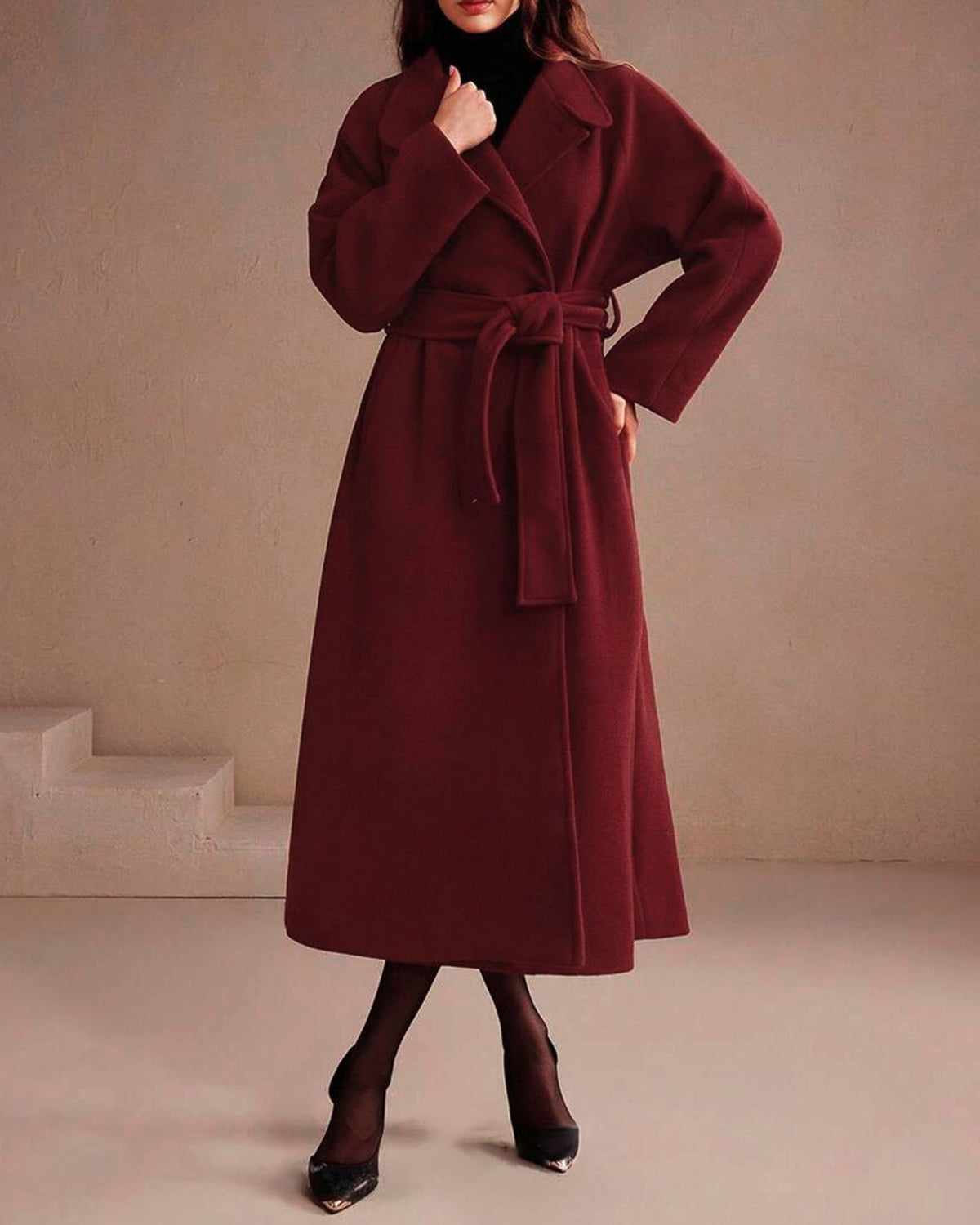 Women's Woven Polyester Coat Wine Red Outerwear - RIHOAS