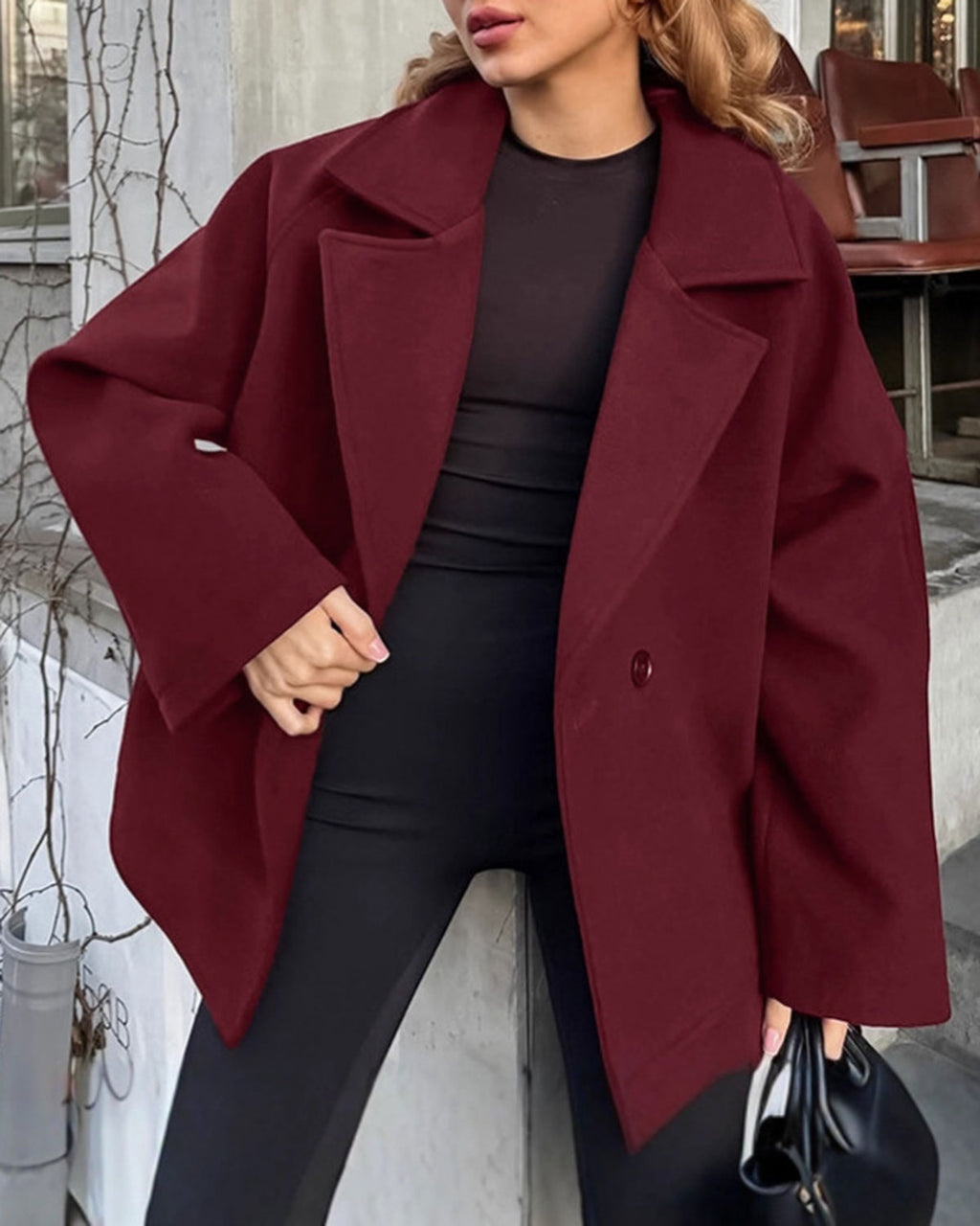 Women's Woven Polyester Coat Wine Red Outerwear - RIHOAS