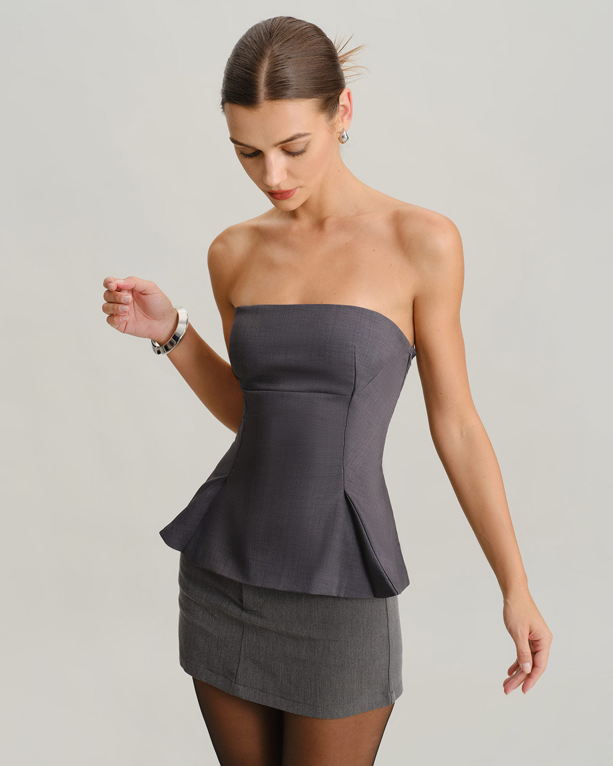 Grey Pleated Bustier & Reviews - Grey - Tops | RIHOAS