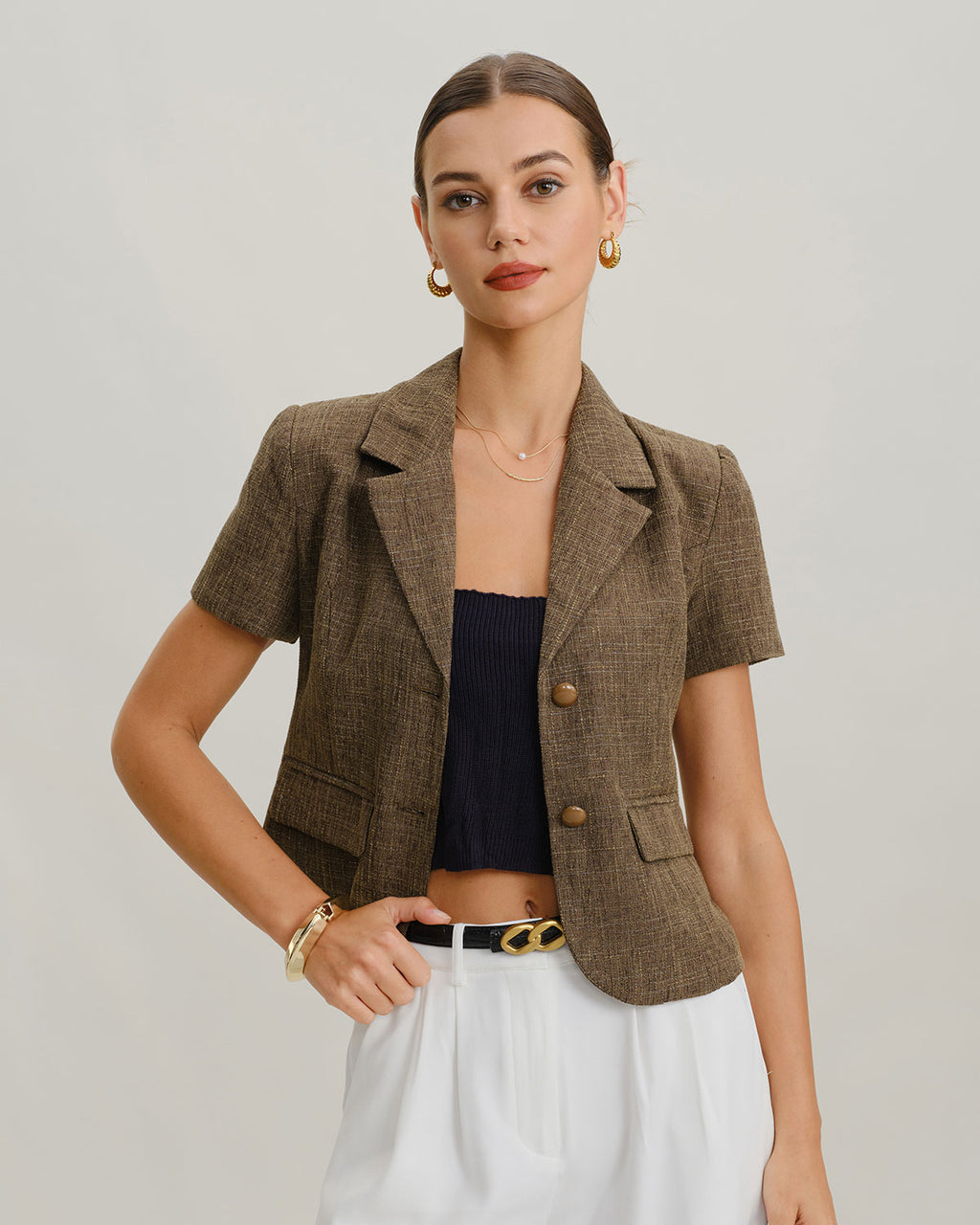 Women's Woven Polyester Jacket Brown Outerwear - RIHOAS