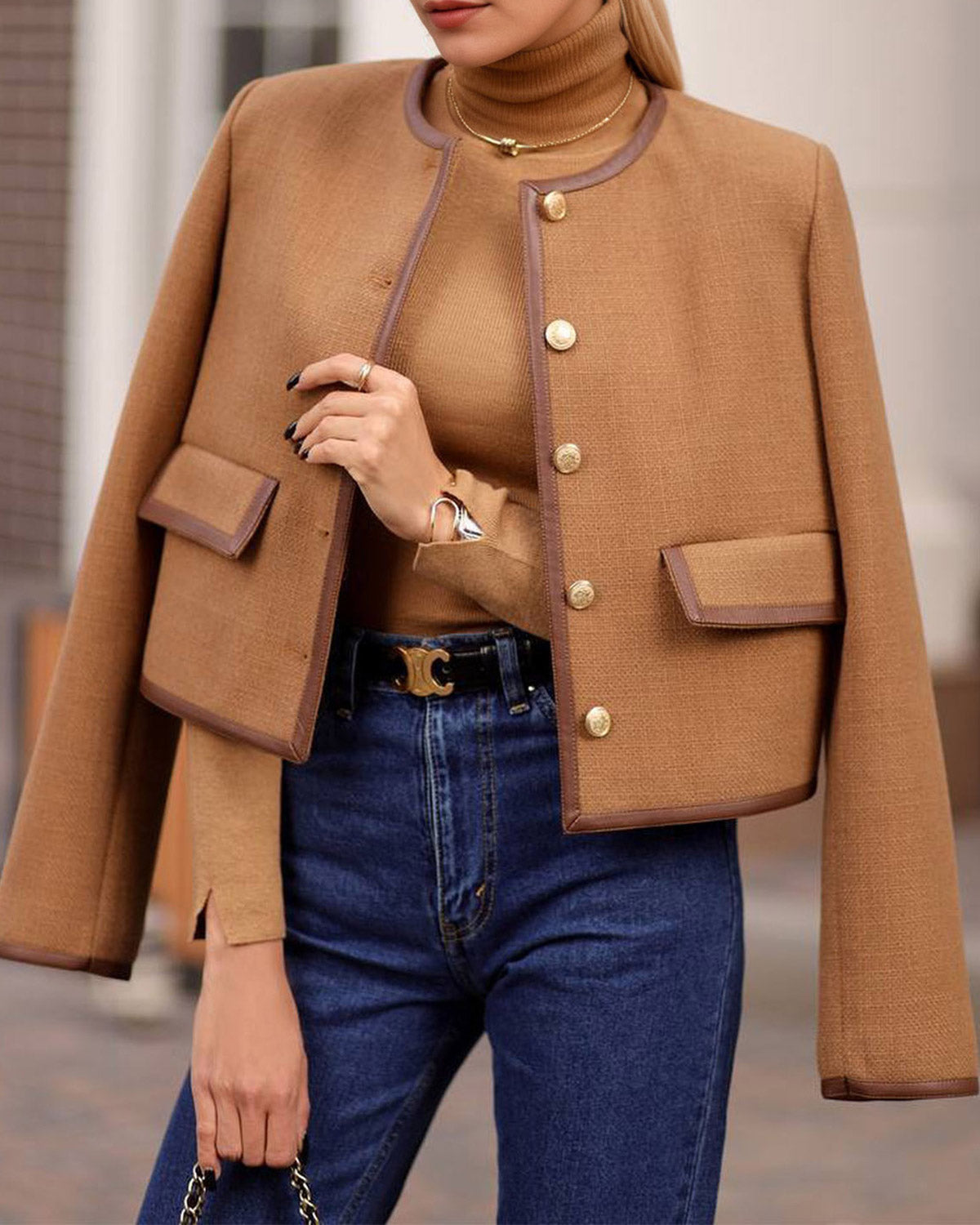 Women's Woven Polyester Jacket Brown Outerwear - RIHOAS