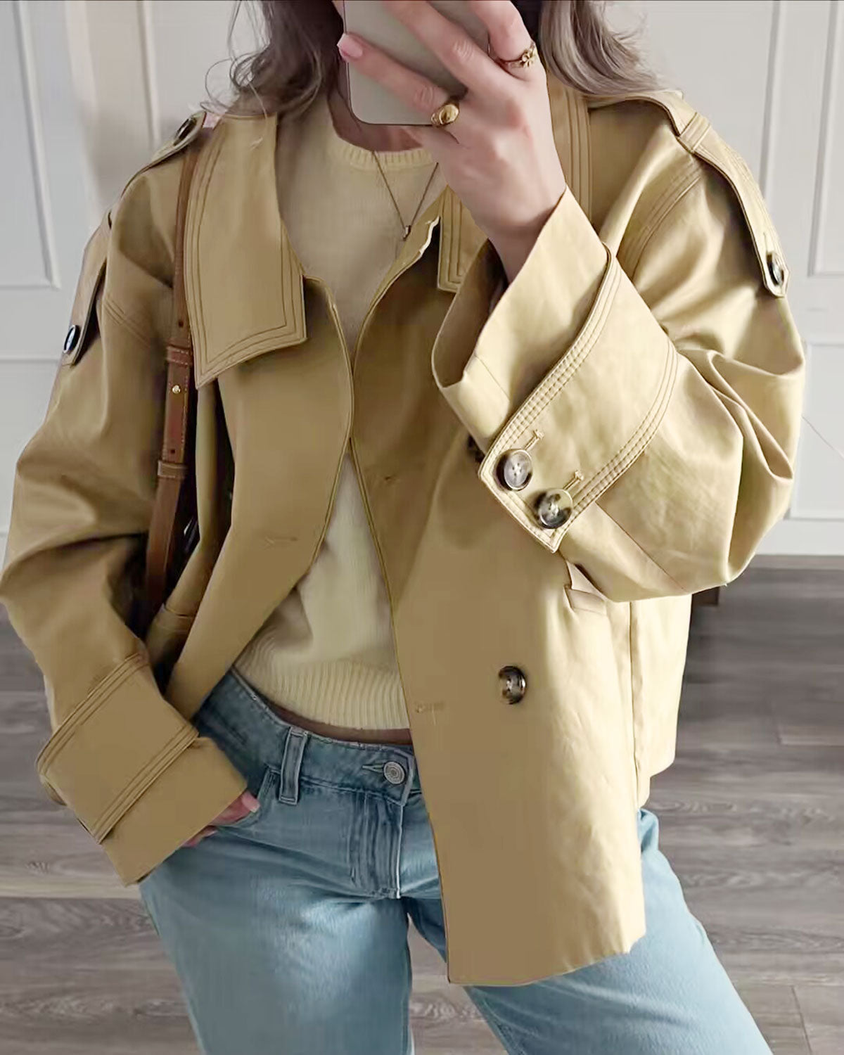 Women's Woven Polyester Jacket Khaki Outerwear - RIHOAS