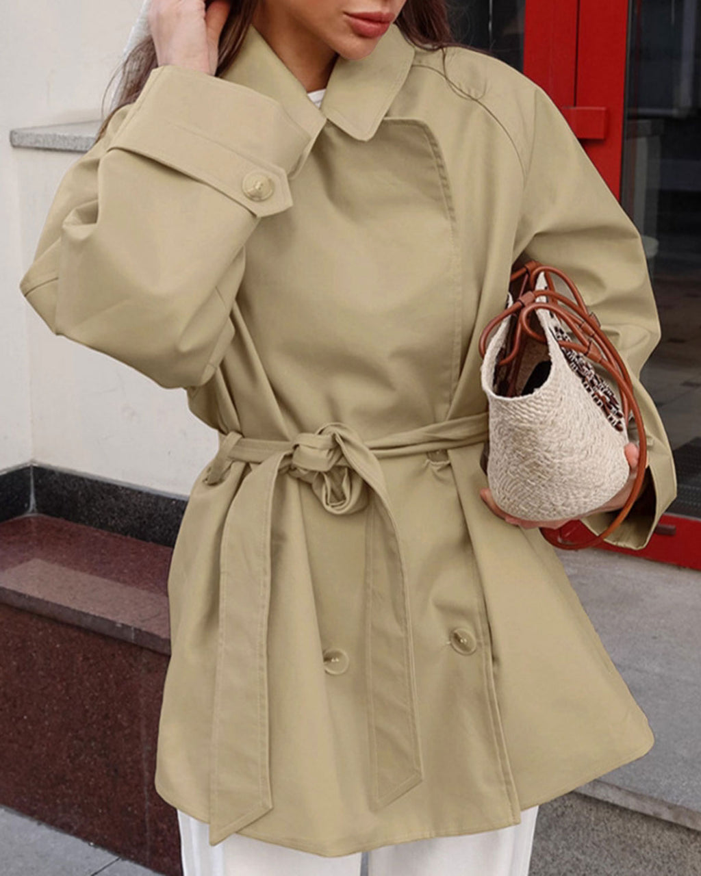 Women's Woven Polyester Jacket Khaki Outerwear - RIHOAS