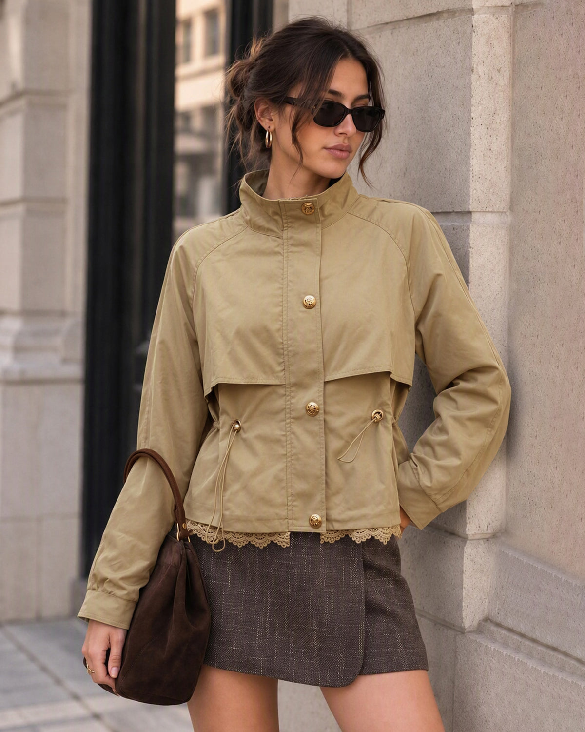 Women's Woven Polyester Jacket Khaki - RIHOAS