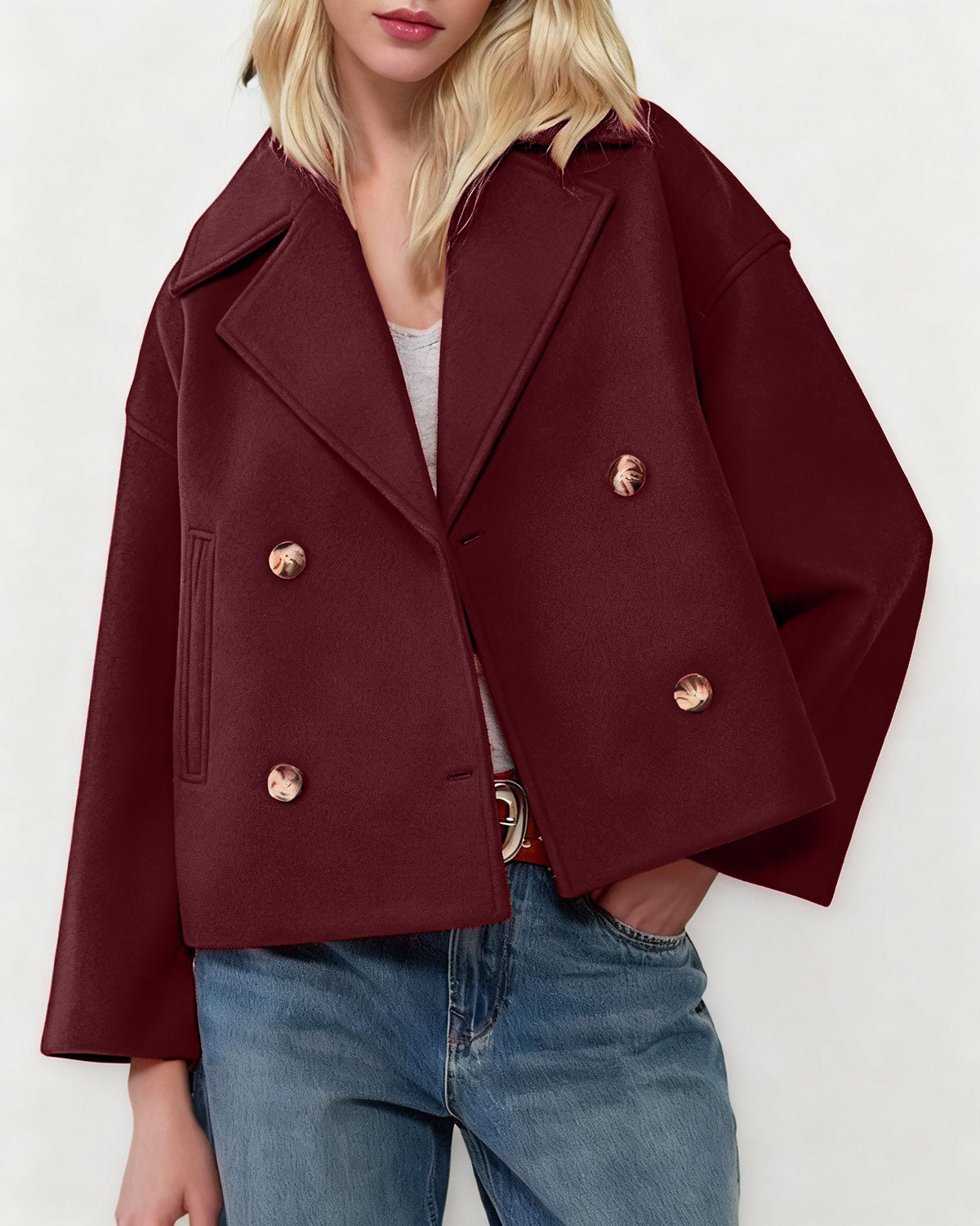Women's Woven Polyester Jacket Wine Red Outerwear - RIHOAS