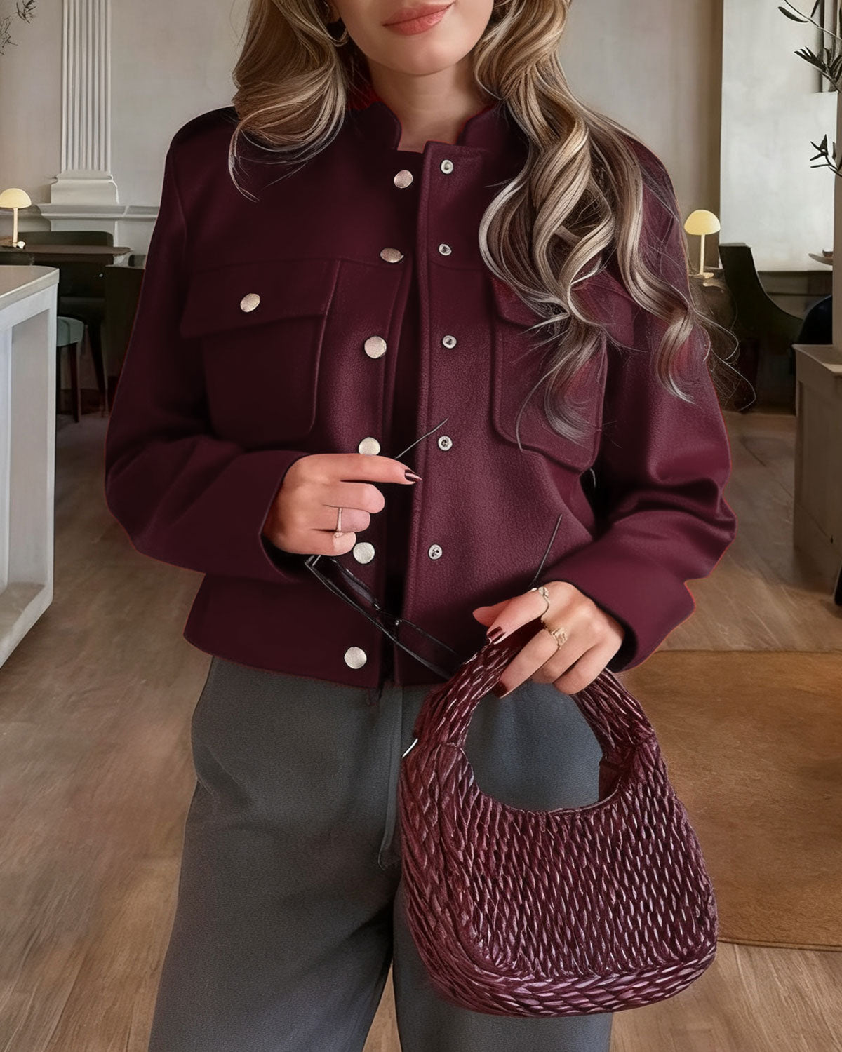 Women's Woven Polyester Jacket Wine Red Outerwear - RIHOAS