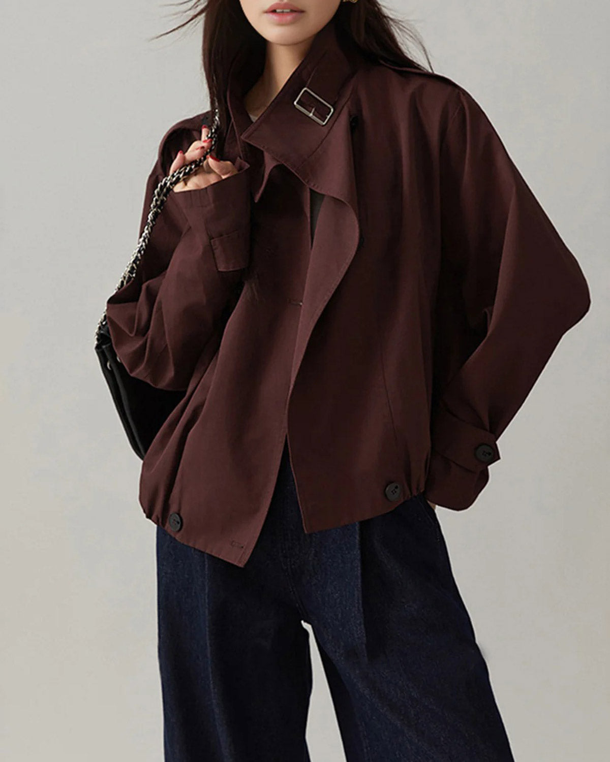 Women's Woven Polyester Jacket Wine Red Outerwear - RIHOAS