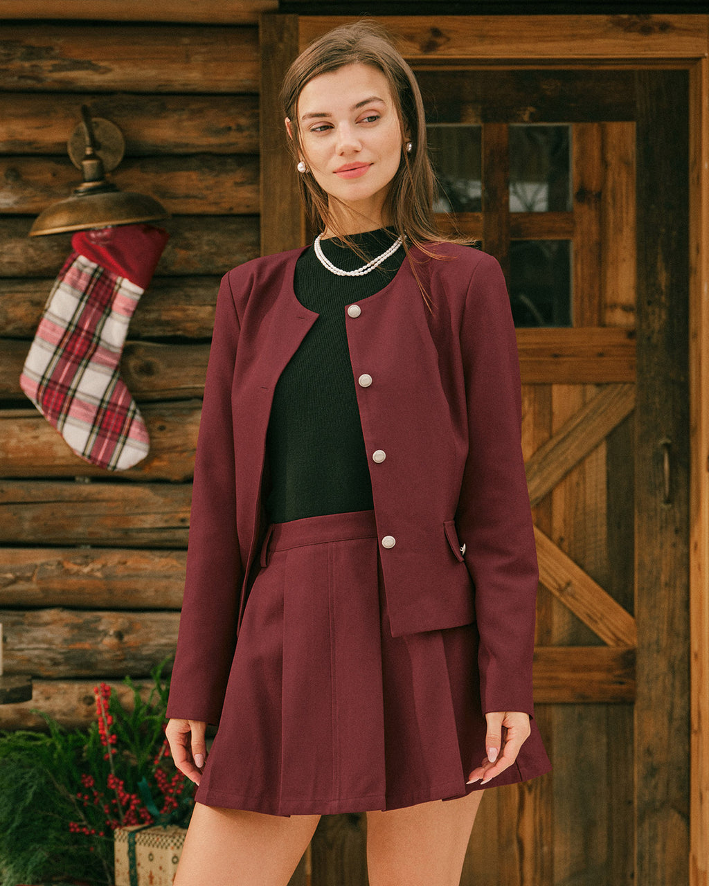 Women's Woven Polyester Jacket Wine Red Outerwear - RIHOAS