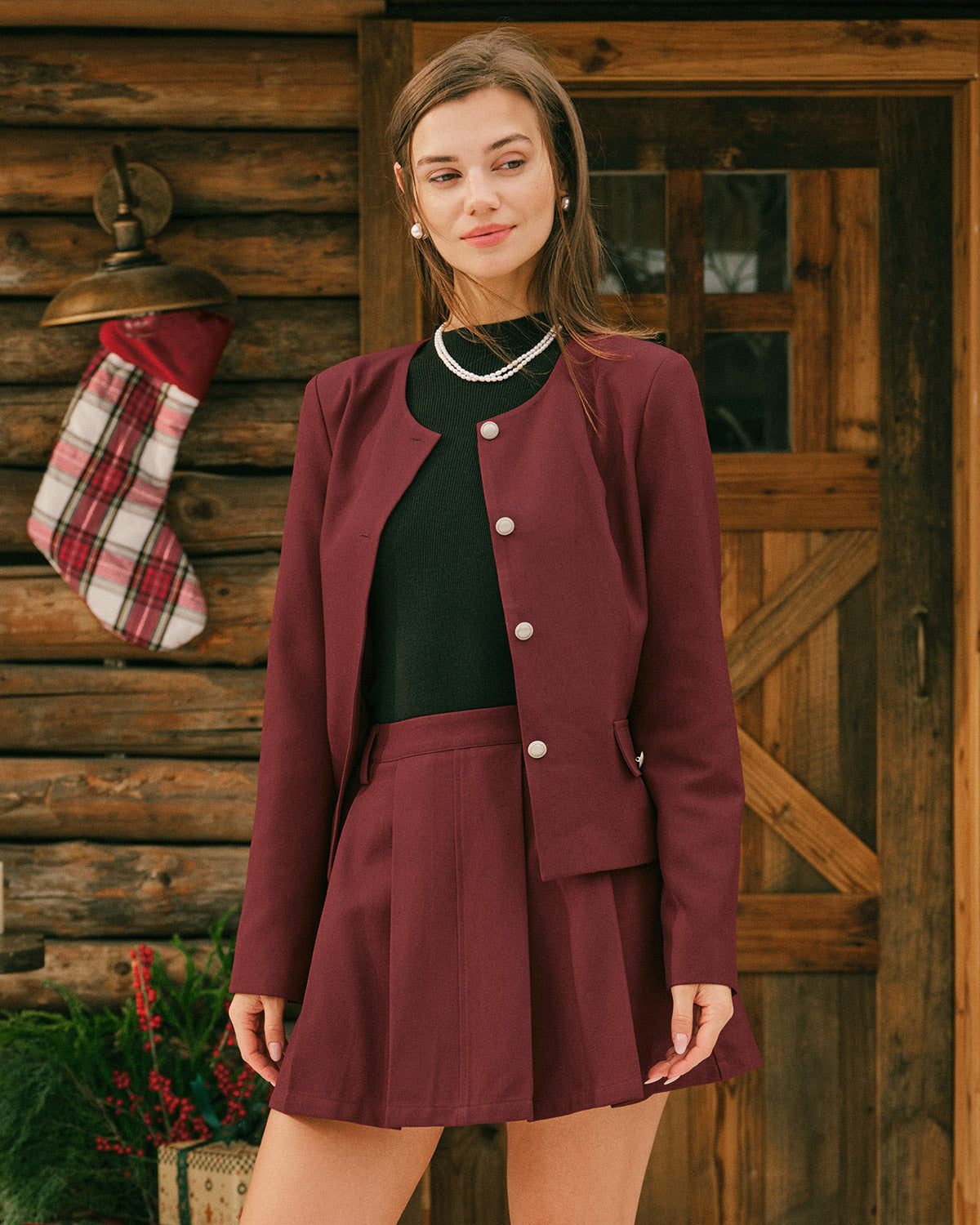 Women's Woven Polyester Jacket Wine Red Outerwear - RIHOAS