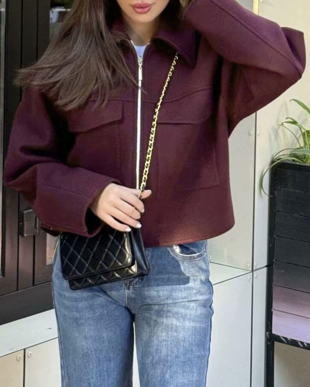 Women's Woven Polyester Jacket Wine Red Outerwear - RIHOAS