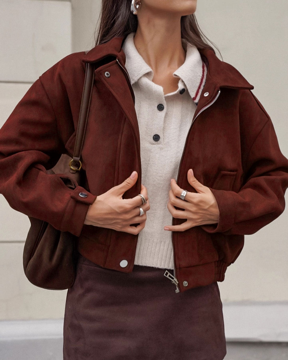 Women's Woven Polyester Jacket Wine Red Outerwear - RIHOAS