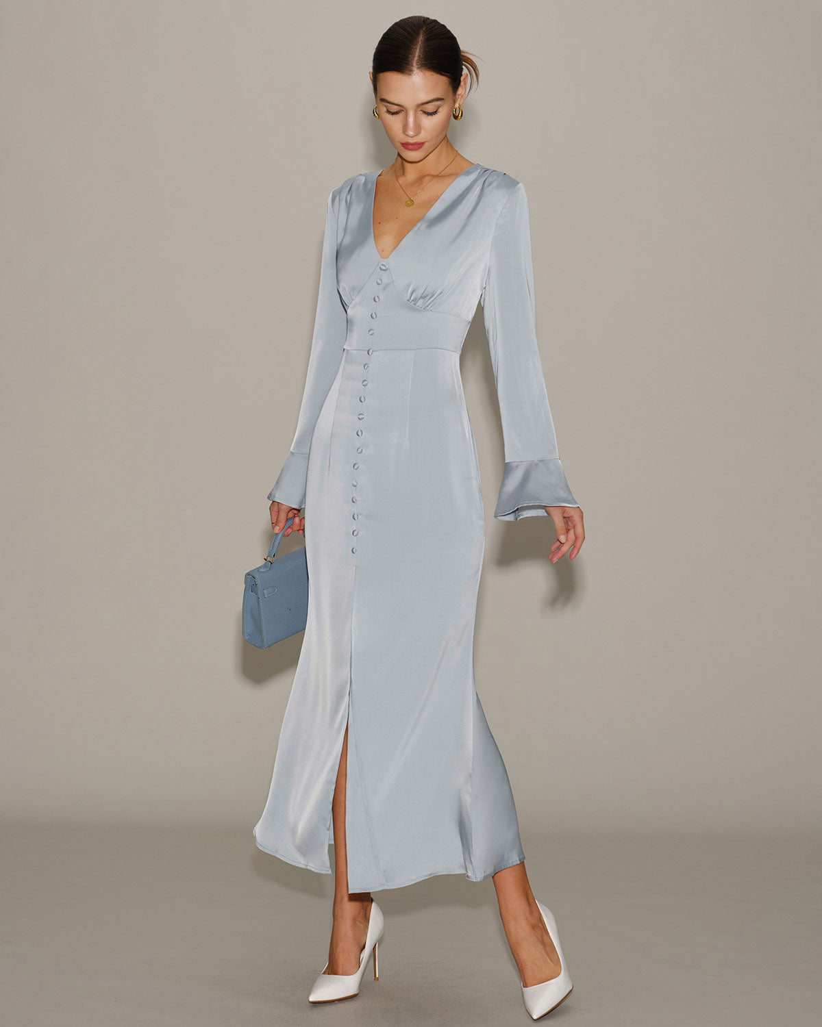 Grey Satin Bell Sleeve Maxi Dress & Reviews - Grey - Dresses | RIHOAS Grey Satin Bell Sleeve Maxi Dress & Reviews - Grey - Dresses | RIHOAS