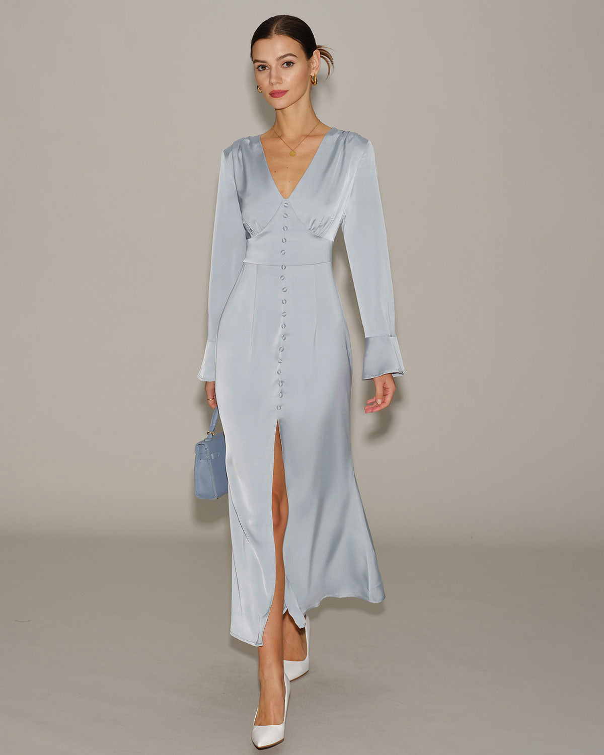 Grey Satin Bell Sleeve Maxi Dress & Reviews - Grey - Dresses | RIHOAS Grey Satin Bell Sleeve Maxi Dress & Reviews - Grey - Dresses | RIHOAS