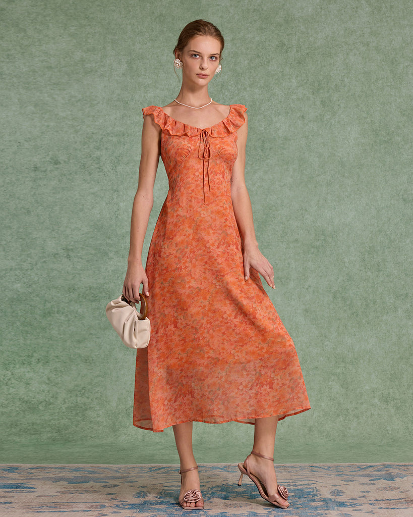 Women's Woven Polyester Long Dress Orange Dresses - RIHOAS
