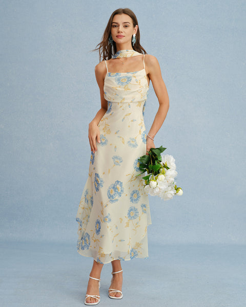 Beige Floral Tie Chiffon Maxi Dress & Reviews - Beige - Dresses