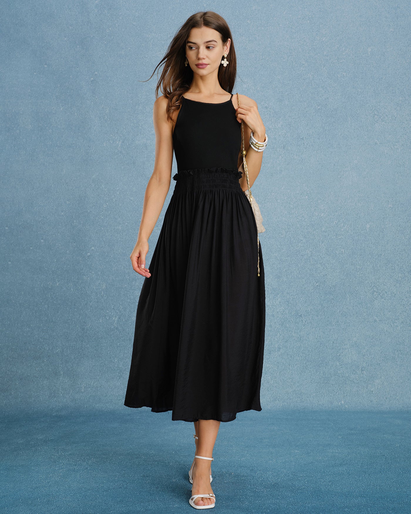 Women's Woven Polyester Maxi  Dress Black Dresses - RIHOAS
