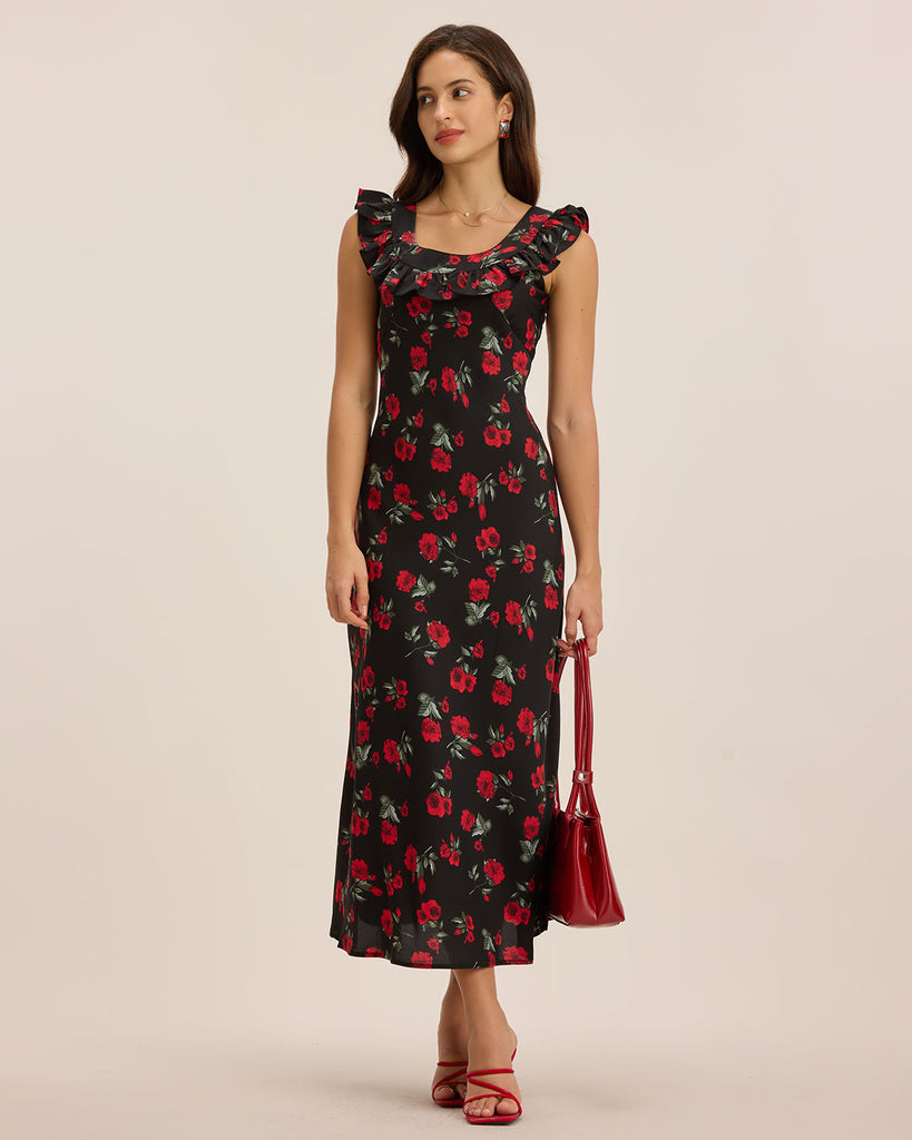 Women's Woven Polyester Maxi Dress Black Dresses - RIHOAS