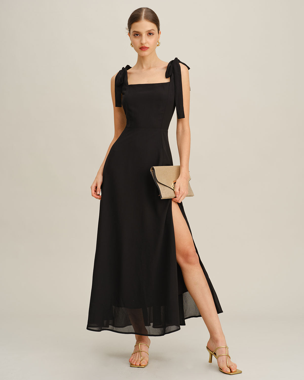 Rihoas Elegant Black Tie Strap Maxi Dress Chiffon Slit Dress for Wedding Guest, Cocktail Party, Evening Party, Black / XS
