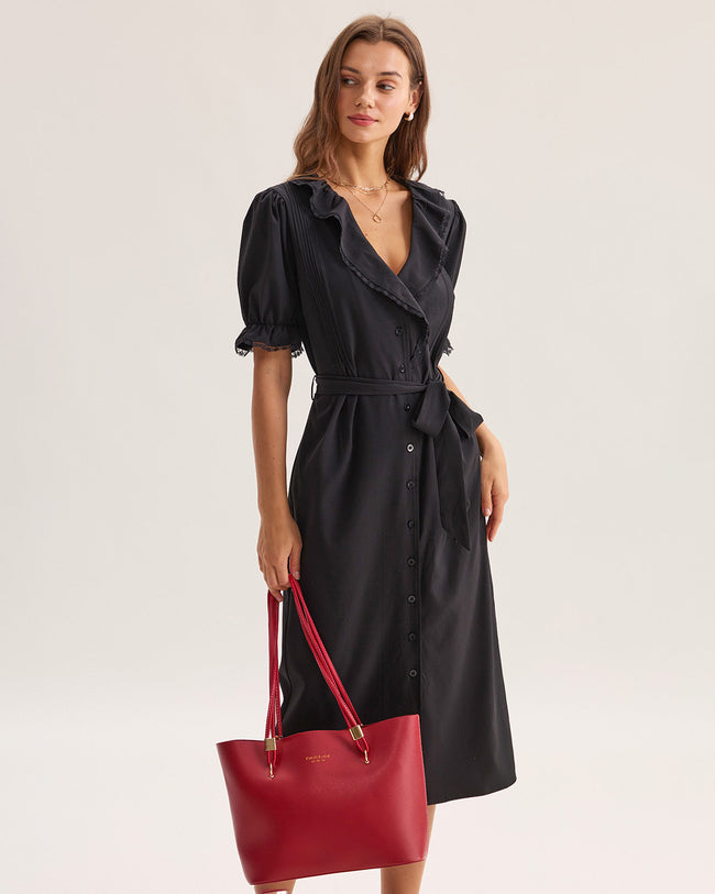 Women's Woven Polyester Maxi Dress Black Dresses - RIHOAS