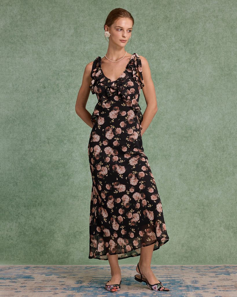 Women's Woven Polyester Maxi Dress Black Dresses - RIHOAS