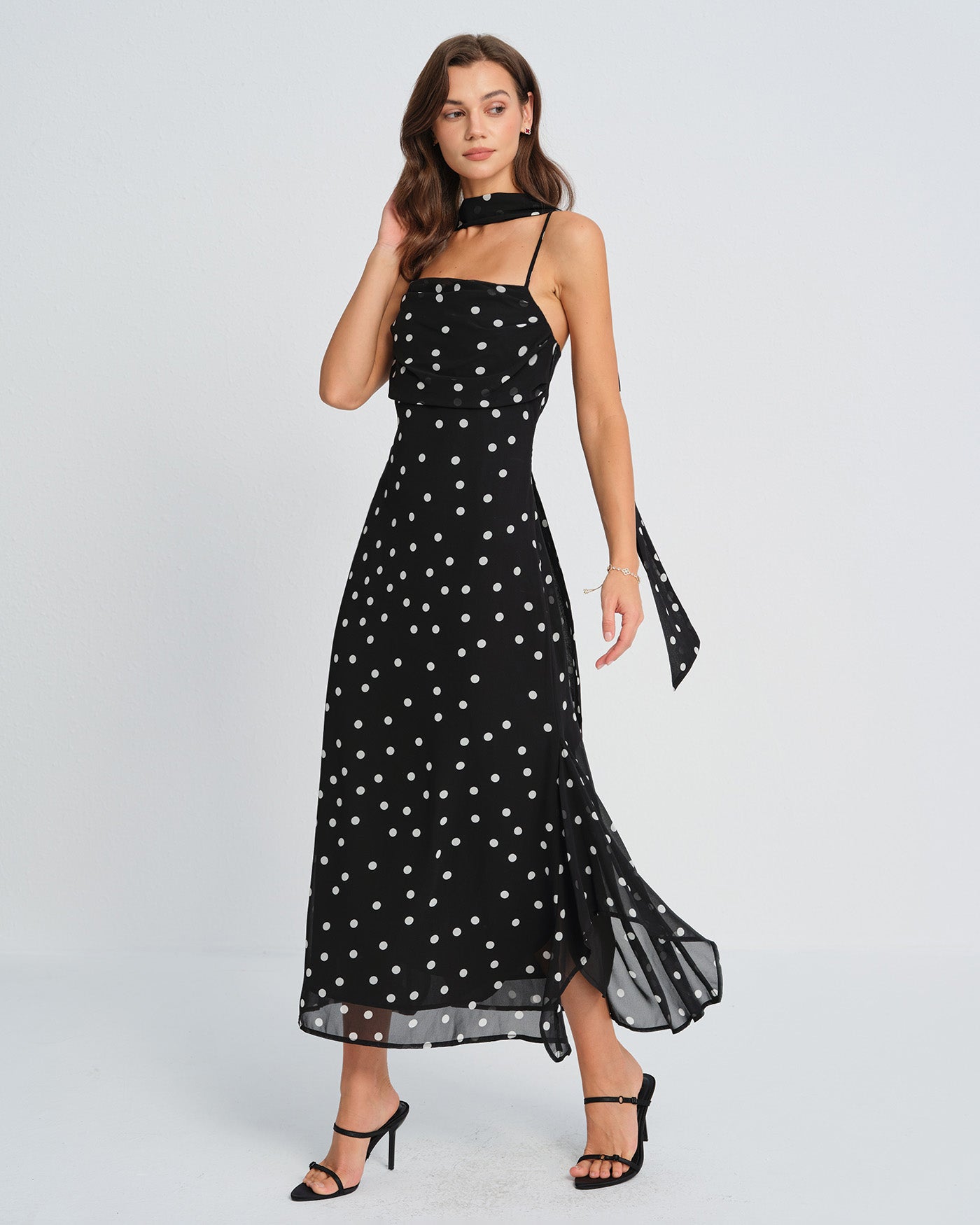 Rihoas French Chic Polka-Dot Ruched Bust Open-Back Maxi Dress with a Matching Scarf, Black / XL