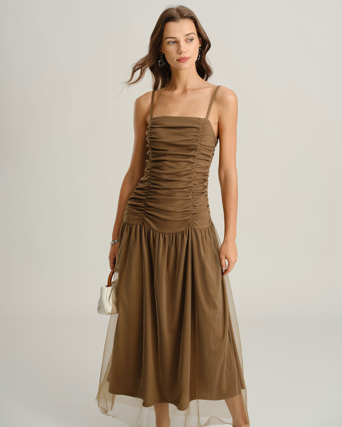 Rihoas Ruched Mesh Slip Maxi Dress Women's, Brown / XL Rihoas Ruched Mesh Slip Maxi Dress Women's, Brown / XL