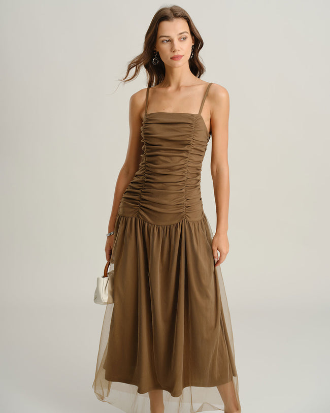 Women's Woven Polyester Maxi Dress Brown Dresses - RIHOAS