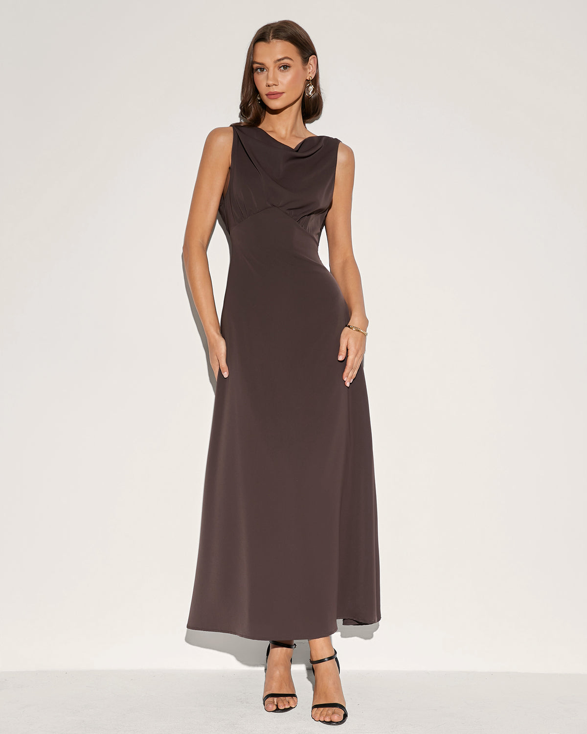 Women's Woven Polyester  Maxi  Dress Coffee Dresses - RIHOAS