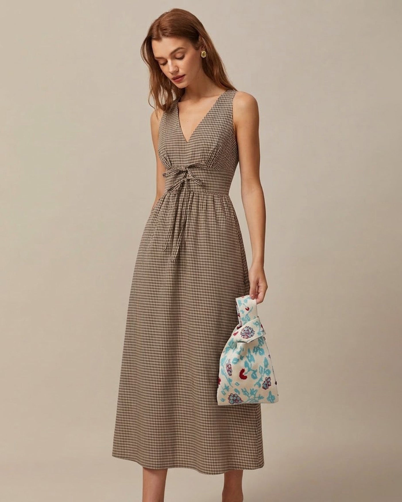 Brown V Neck Plaid Maxi Dress & Reviews - Brown - Dresses