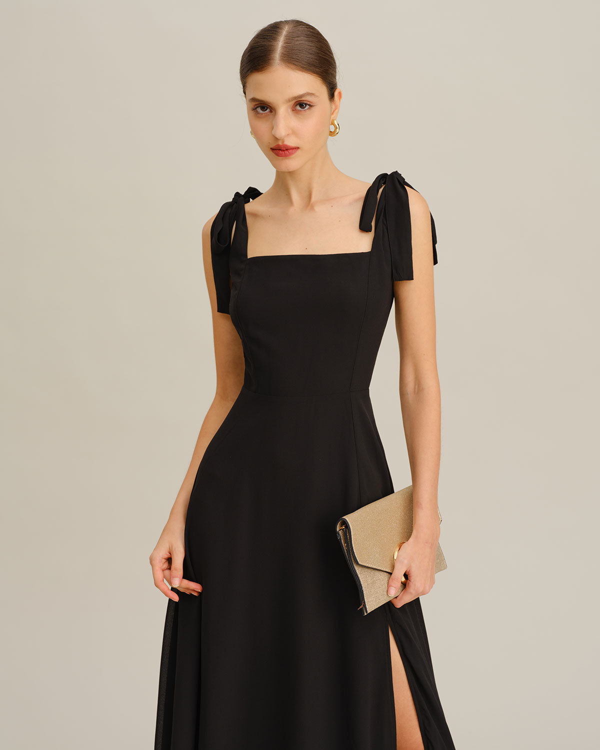 Rihoas Elegant Black Tie Strap Maxi Dress Chiffon Slit Dress for Wedding Guest, Cocktail Party, Evening Party, Black / XS