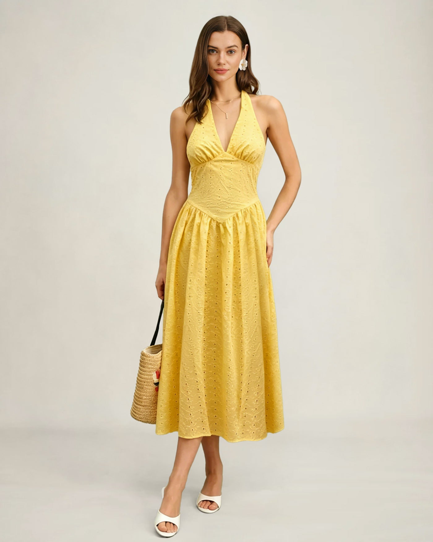 halter maxi dress casual Rihoas Halter Cut Out Textured Maxi Dress for women, Yellow / US|6
