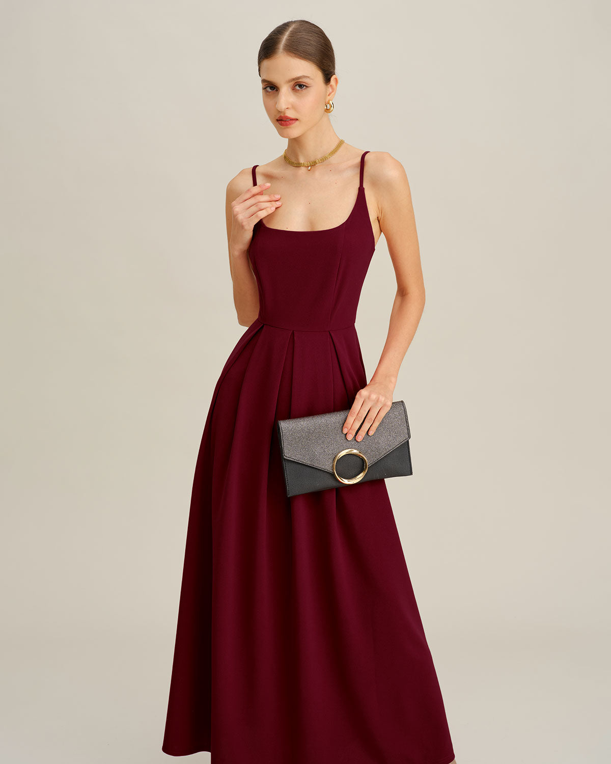 Rihoas Elegant Pleated Maxi Dress Square Neck A-Line Dress for Wedding Guest, Holiday Party, Evening Party, Wine Red / S