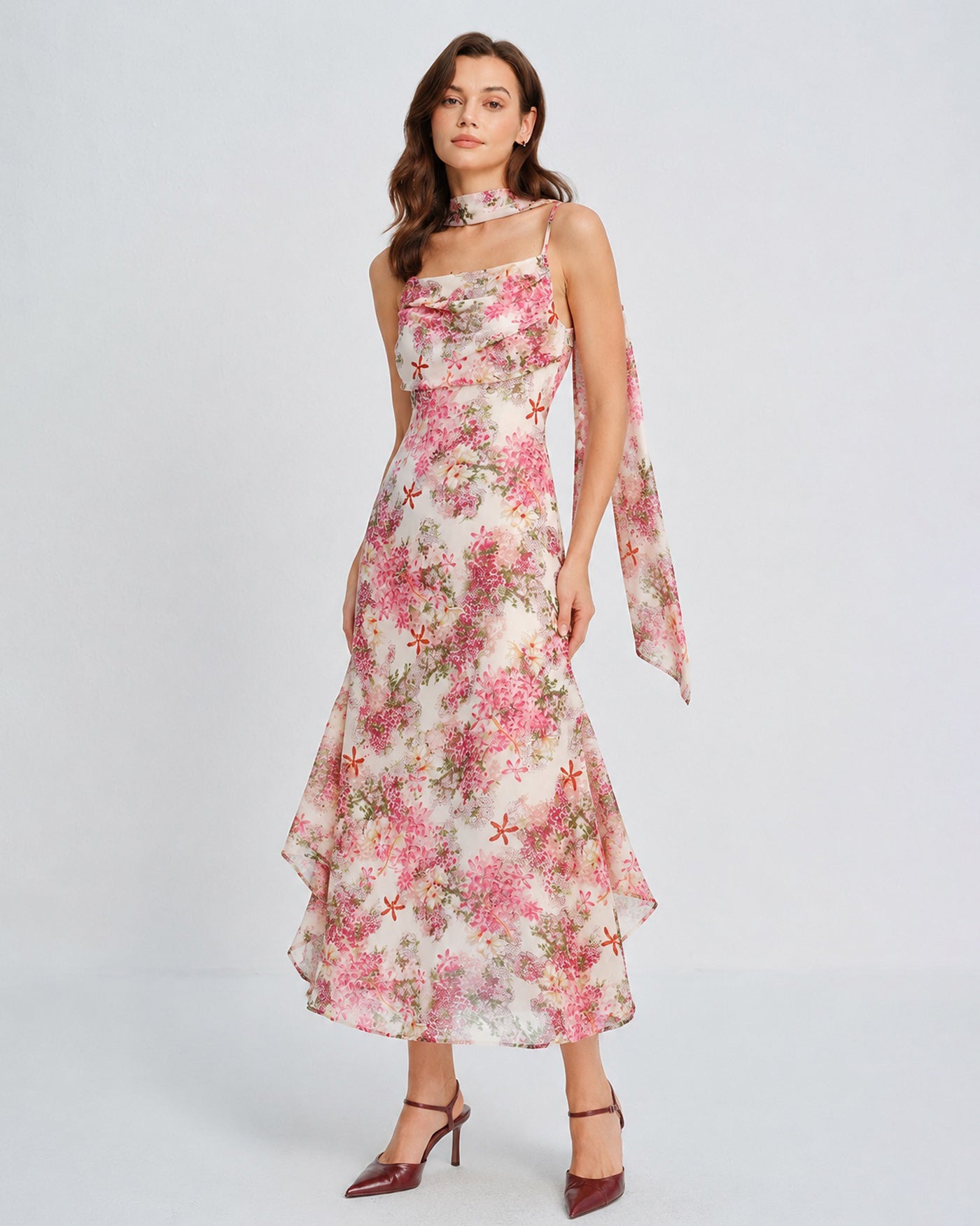Pink Floral Slip Chiffon Maxi Dress