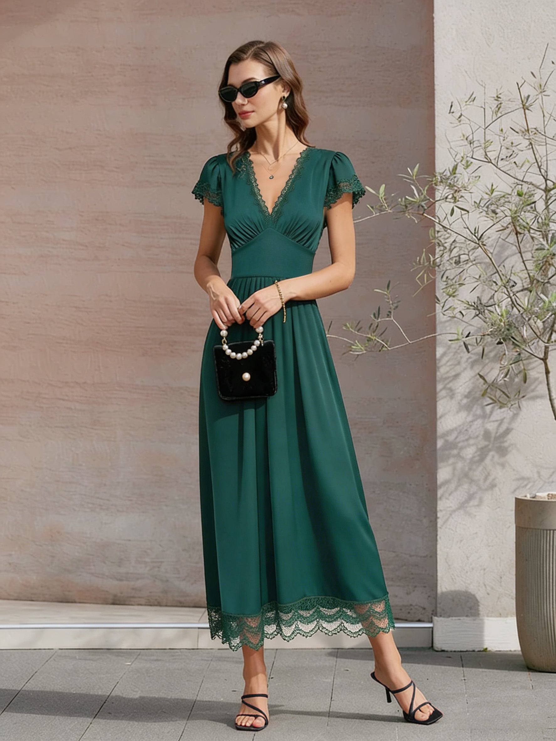 Green V Neck Lace Maxi Dress & Reviews - Green - Dresses | RIHOAS Green V Neck Lace Maxi Dress & Reviews - Green - Dresses | RIHOAS