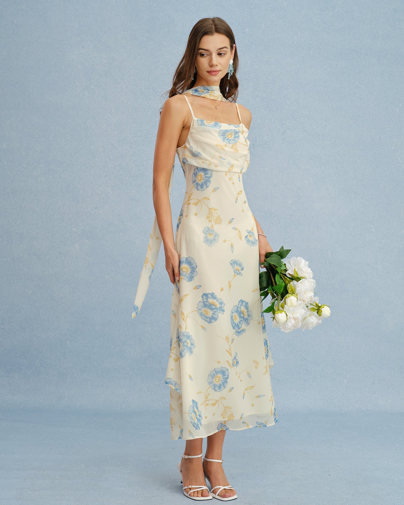 Beige Floral Tie Chiffon Maxi Dress