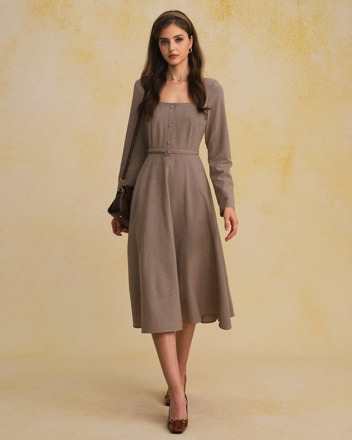 Rihoas Checkered Square Neck Midi Dress | Long Sleeve Belted Button Front for Work, Office, Daily, Brown / XL Rihoas Checkered Square Neck Midi Dress | Long Sleeve Belted Button Front for Work, Office, Daily, Brown / XL