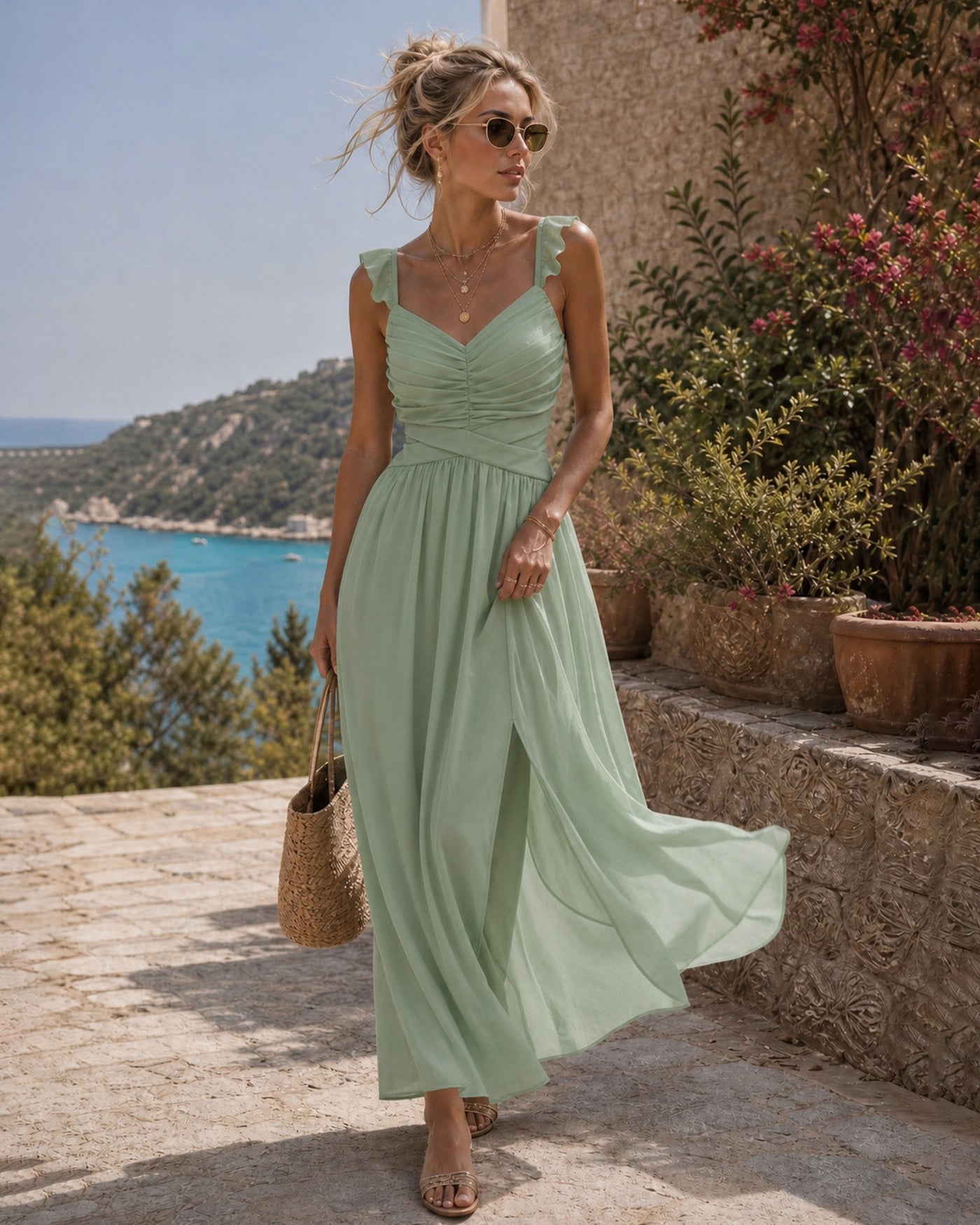 Green V Neck Ruffle Tie Maxi Dress