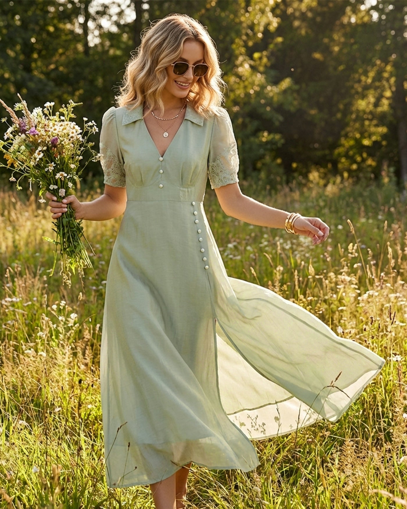 Rihoas Ruched Waist V Neck Maxi Dress | Button Down Puff Sleeve for Wedding Guest, Bridal Shower, Garden Party, Green / L Rihoas Ruched Waist V Neck Maxi Dress | Button Down Puff Sleeve for Wedding Guest, Bridal Shower, Garden Party, Green / L