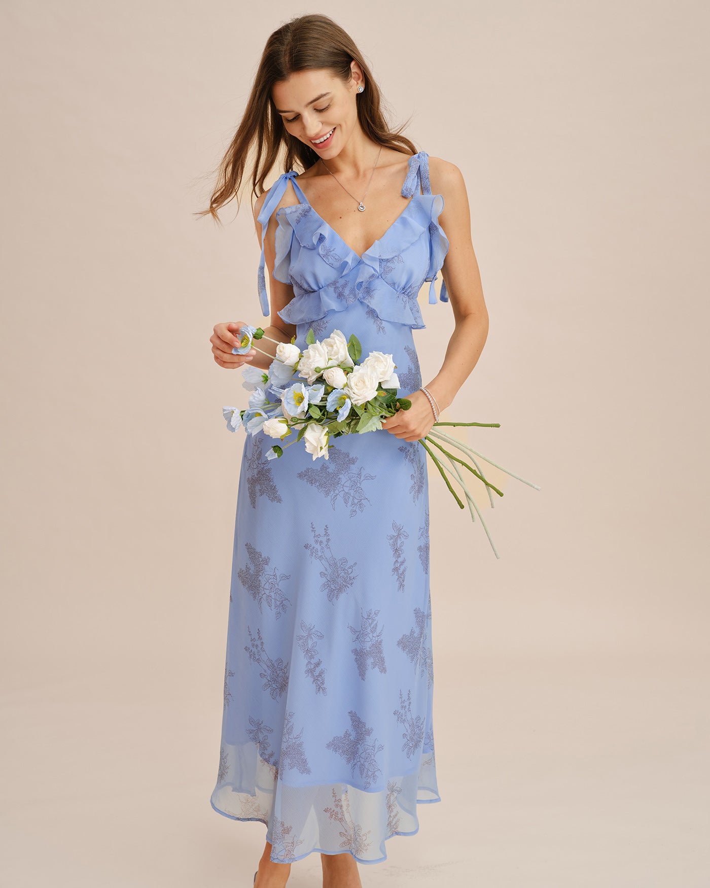 floral blue bridesmaid dresses Blue Floral Ruffle Tie Strap Maxi Dress & Reviews - Blue - Dresses