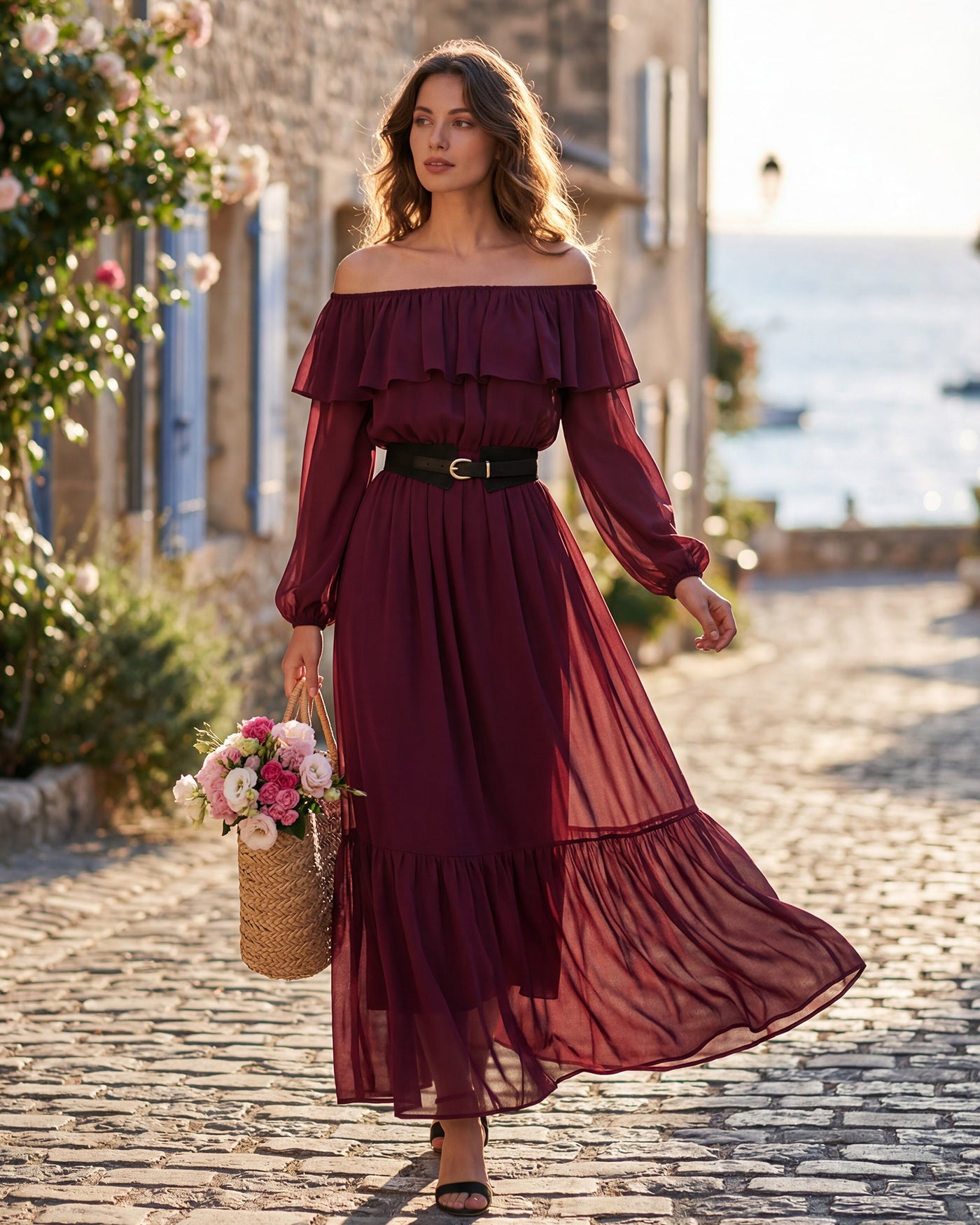 Wine Red Boat Neck Ruffle Maxi Dress & Reviews - Maroon - Dresses | RIHOAS Wine Red Boat Neck Ruffle Maxi Dress & Reviews - Maroon - Dresses | RIHOAS