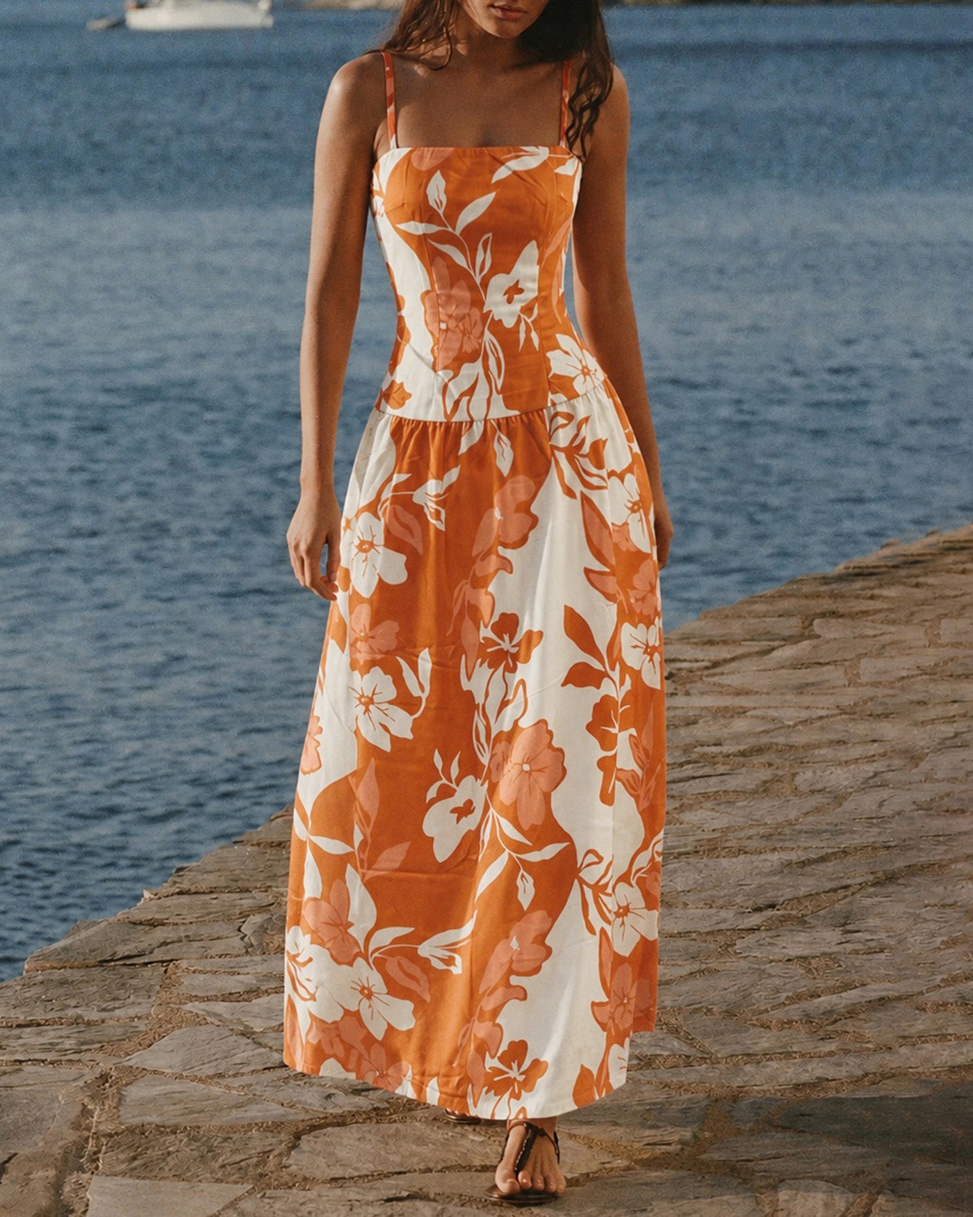 Orange Floral Slip A-Line Maxi Dress