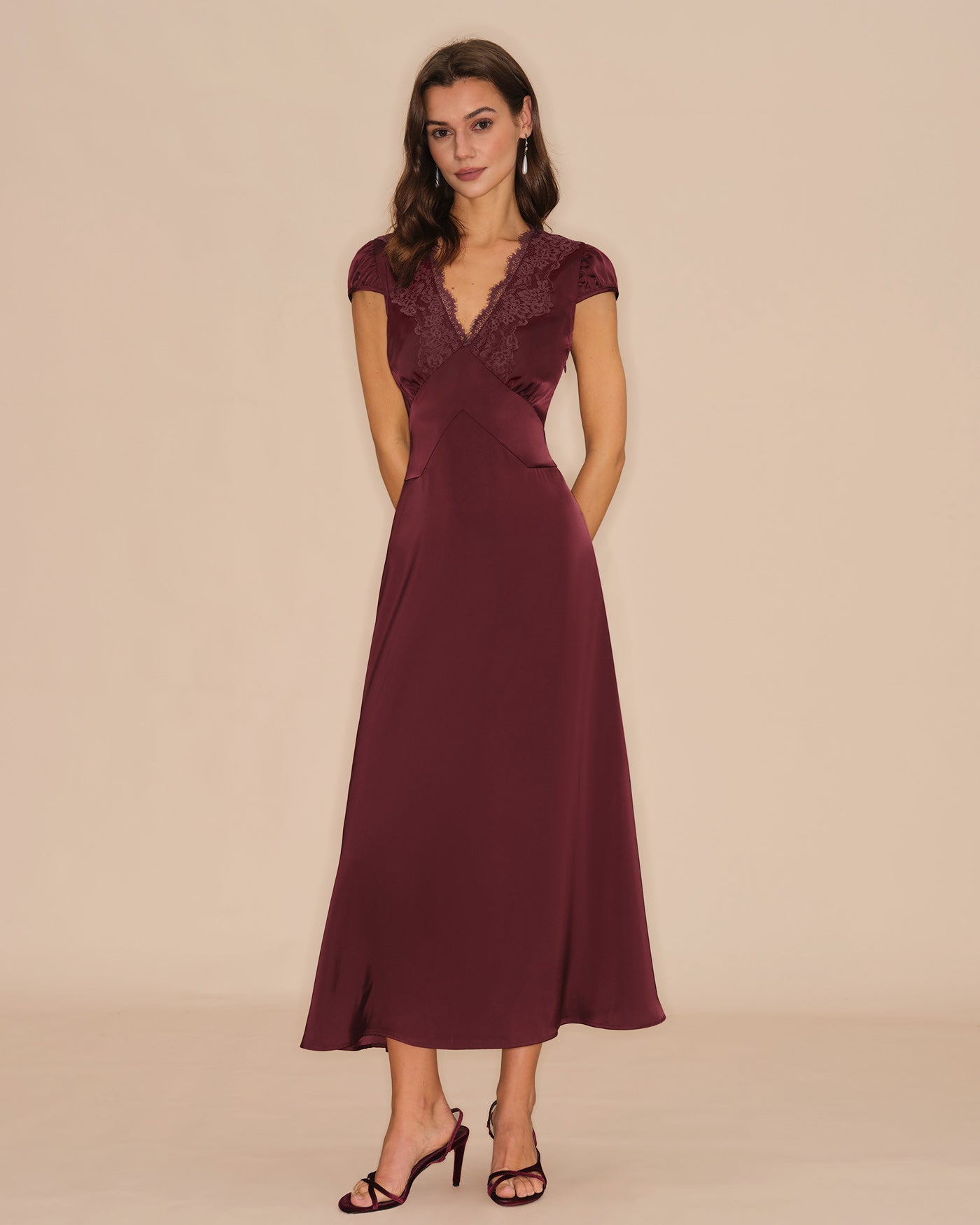 Wine Red V Neck Lace Maxi Dress & Reviews - Wine Red - Dresses