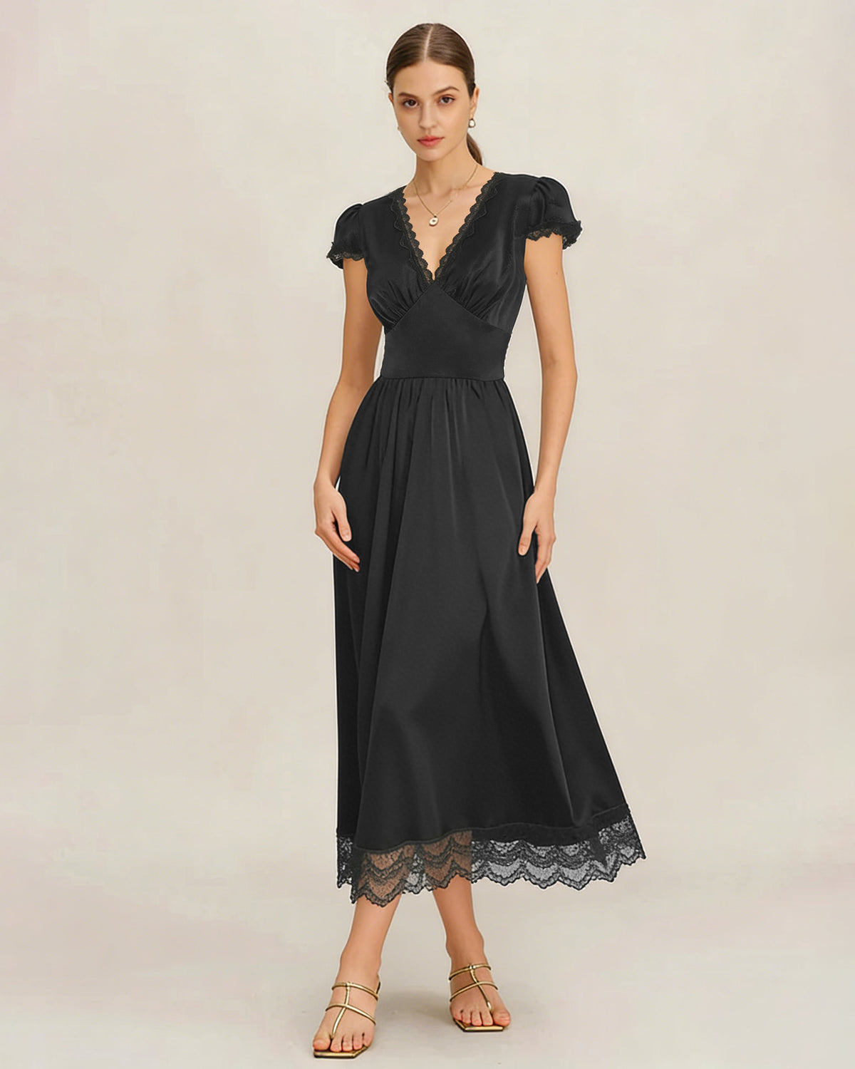 Black V Neck Lace Puffed Sleeve Maxi Dress & Reviews - Black - Dresses