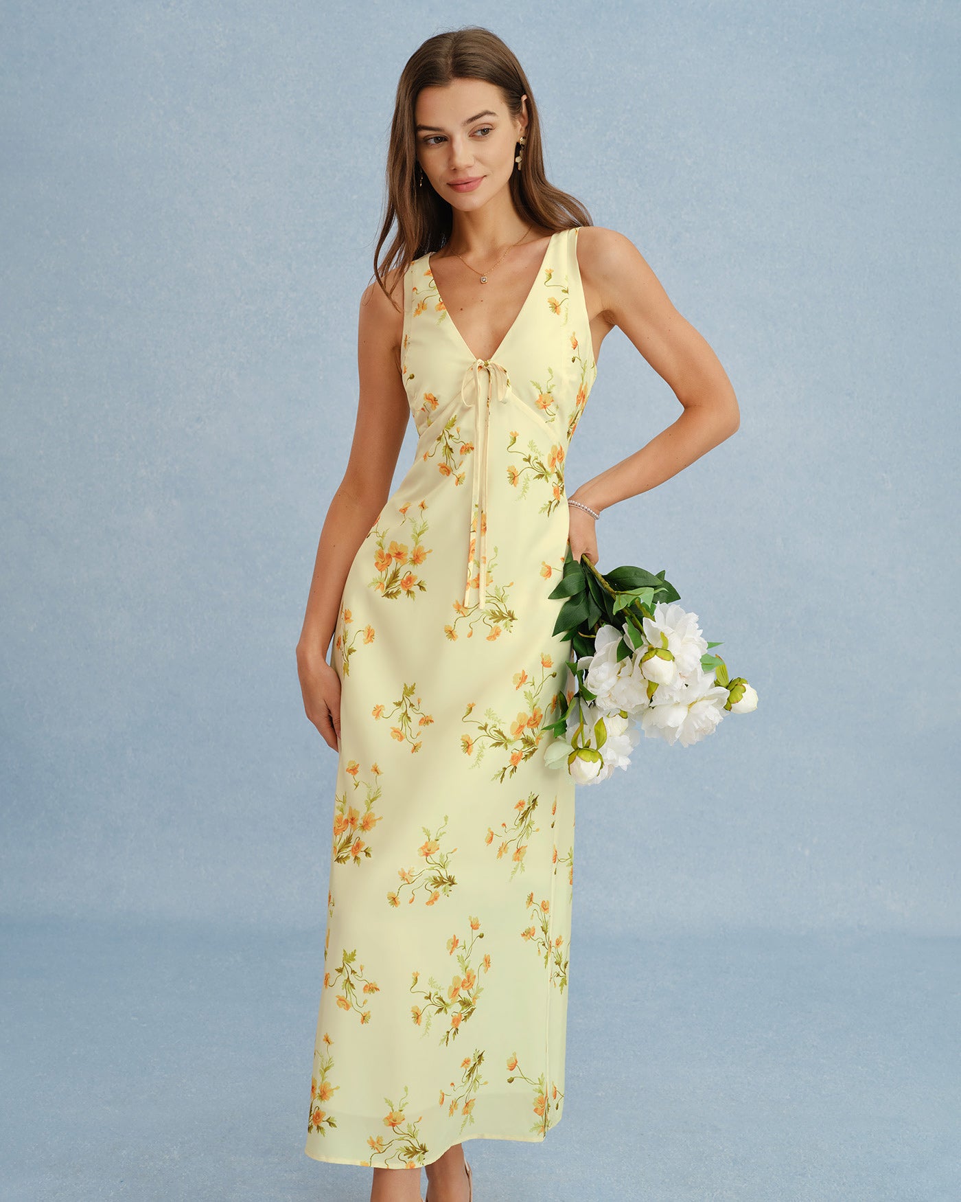 Rihoas V Neck Sleeveless Botanical Floral Chiffon Tie Front A Line Maxi Dress, Yellow / XS