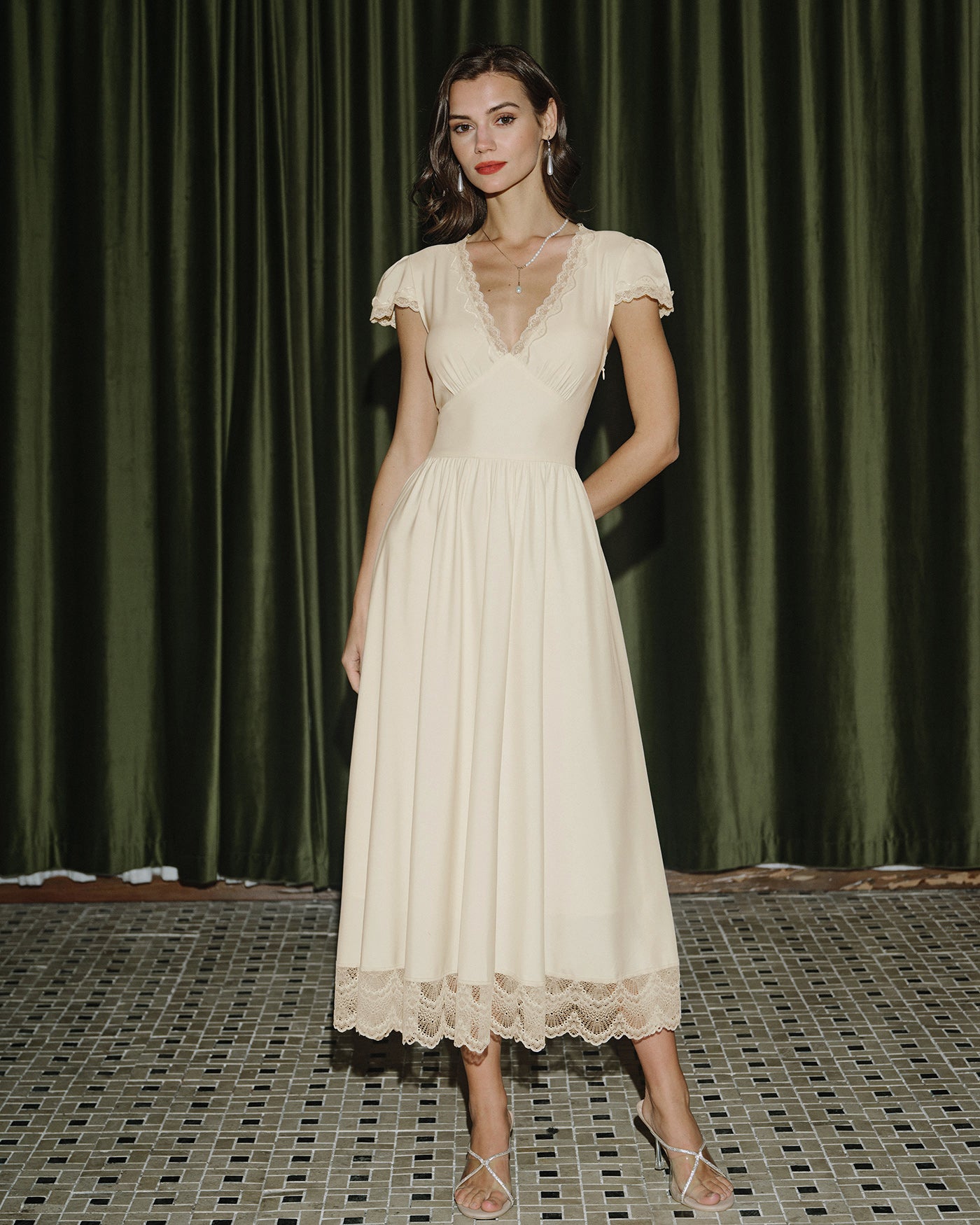 Rihoas V Neck Lace Trim Maxi Dress | Puffed Sleeve Ruched A-Line for Wedding Guest, Summer Casual, Garden Party, Apricot / M Rihoas V Neck Lace Trim Maxi Dress | Puffed Sleeve Ruched A-Line for Wedding Guest, Summer Casual, Garden Party, Apricot / M