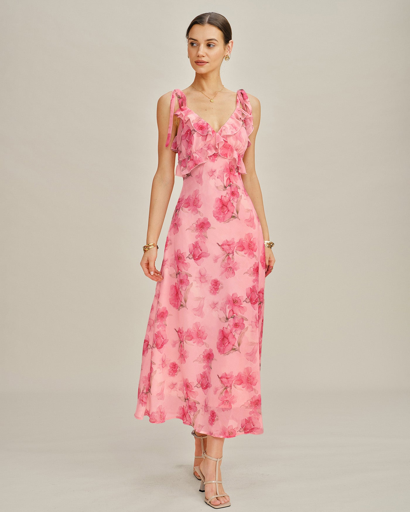 Pink Floral Ruffle Slip Chiffon Maxi Dress