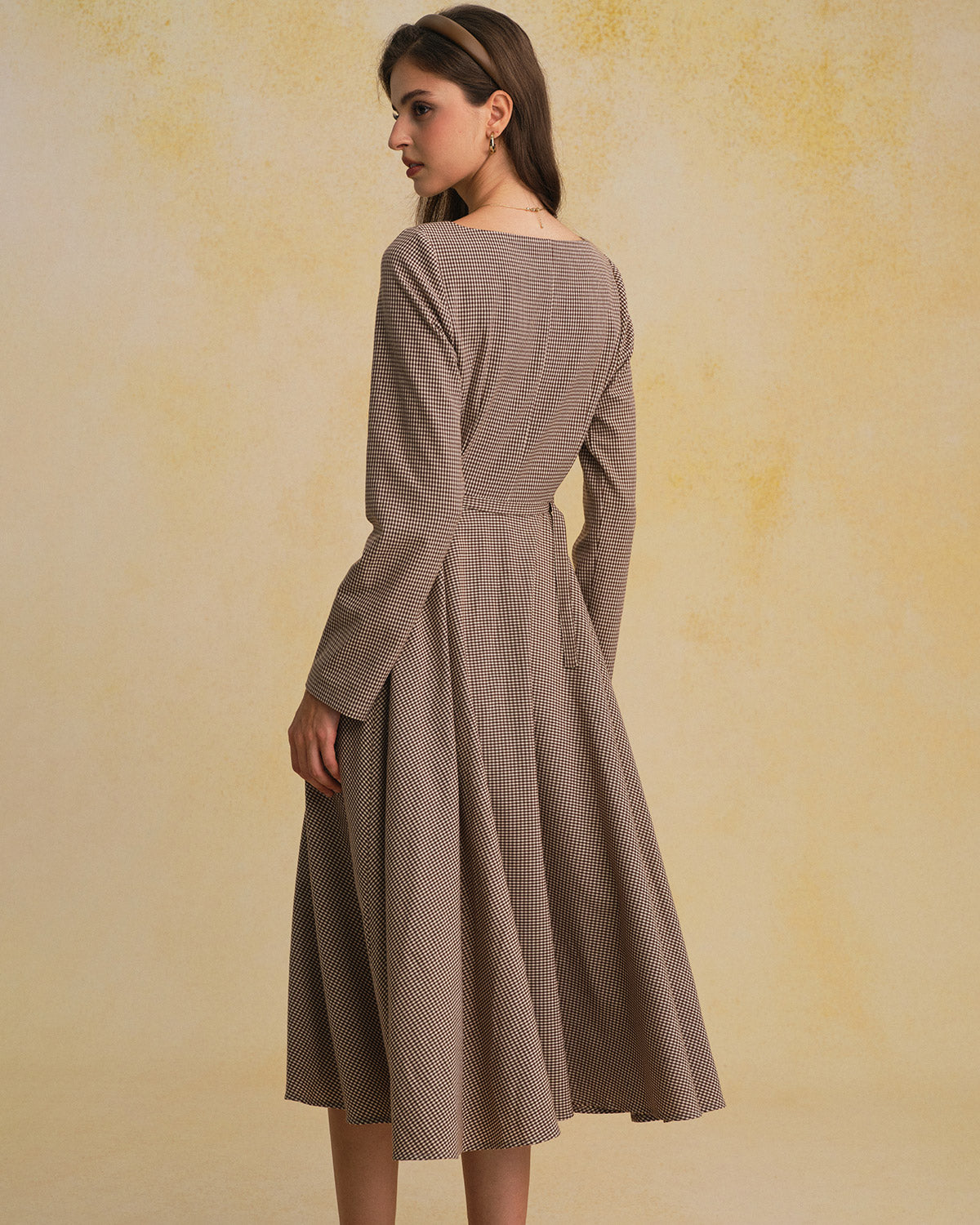 Rihoas Checkered Square Neck Midi Dress | Long Sleeve Belted Button Front for Work, Office, Daily, Brown / XL Rihoas Checkered Square Neck Midi Dress | Long Sleeve Belted Button Front for Work, Office, Daily, Brown / XL