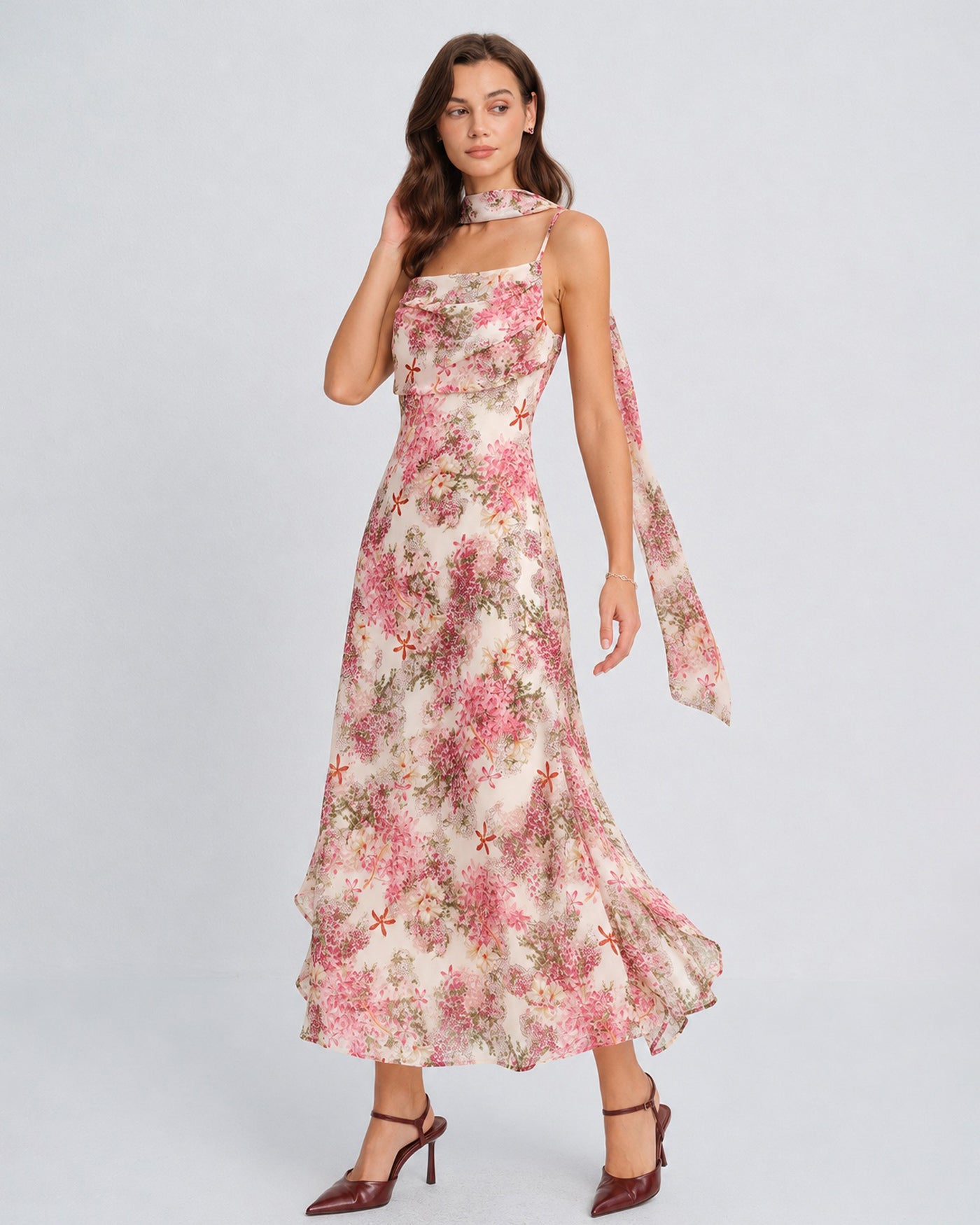 maxi dresses for women pink Pink Floral Slip Chiffon Maxi Dress